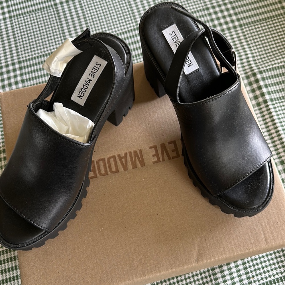 New Steve Madden black leather sandals. never worn. No tag when arrived.